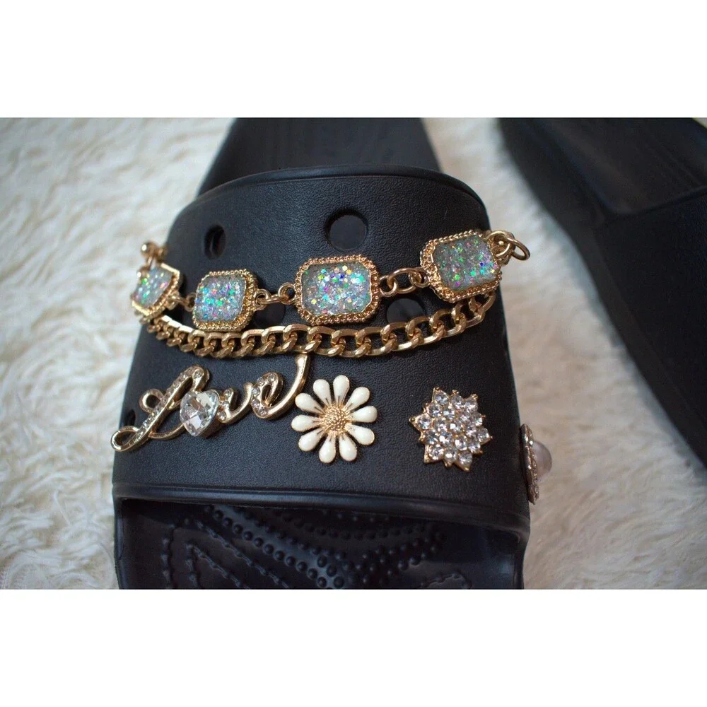 Crocs Slides Customized with Gold Luxe Charms (206761‑001 ) - Women's Size 10